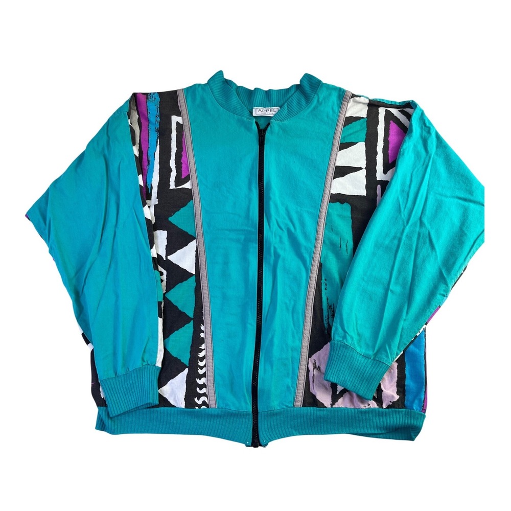 Vintage 80s Appel Geometric Abstract Jacket Teal Purple Made in USA Large Retro
